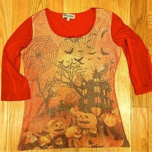 Halloween Graphic Top Size M  Orange Gold Metallic Haunted House 3/4 Sleeves